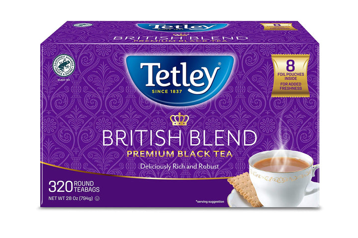 Tetley British Blend tea bags in packaging offering robust flavor for hot or iced tea