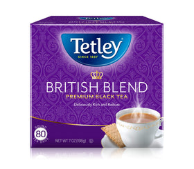 Tetley British Blend tea pack showing 80 teabags for a comforting daily ritual.