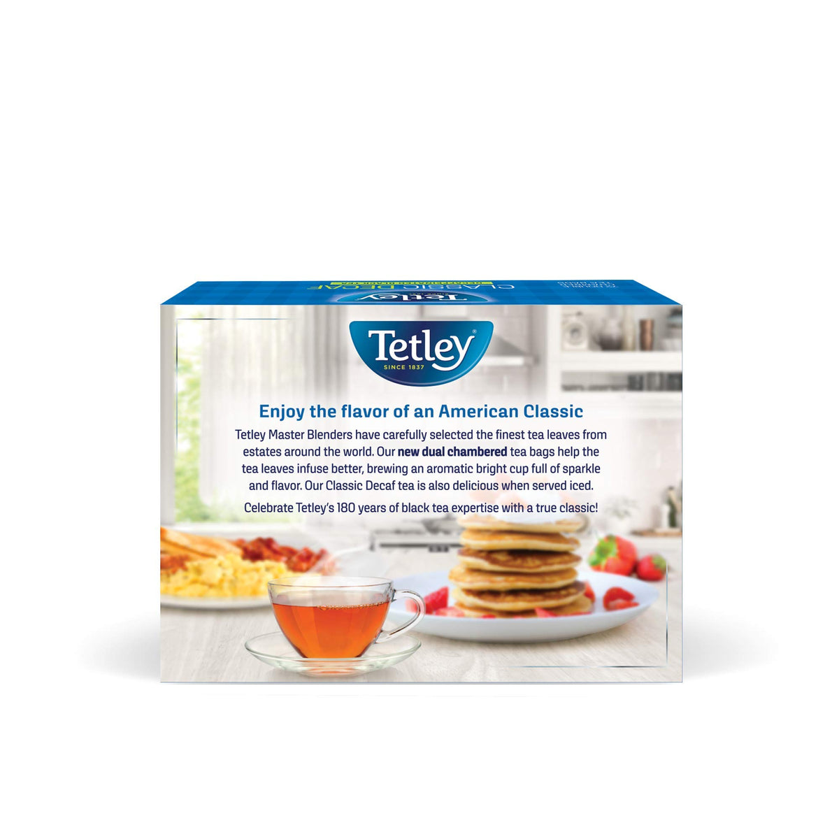 Tetley Classic Blend Decaf cup with steam, offering rich flavor without caffeine.