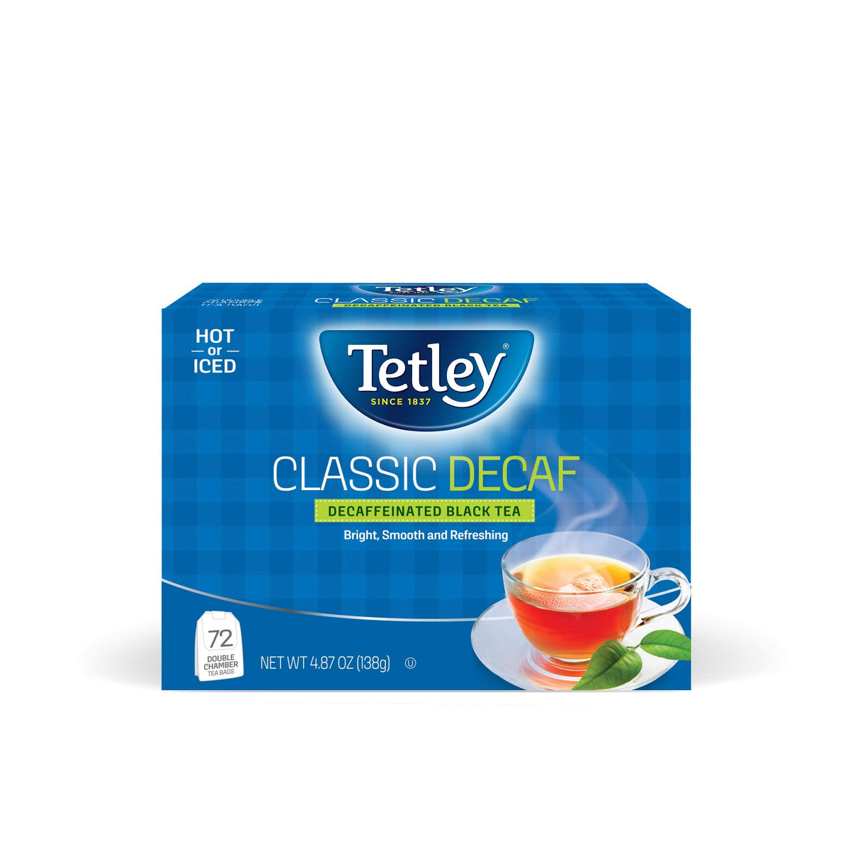 Tetley Classic Blend Decaf packaging with premium tea bags for caffeine free moments.