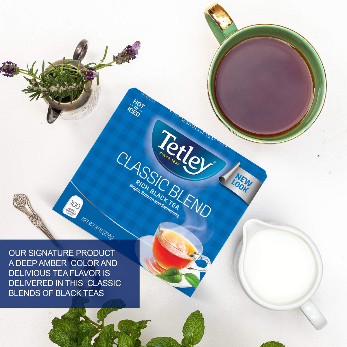 Tetley Classic Blend packaging emphasizes eco-friendly design for mindful brewing.