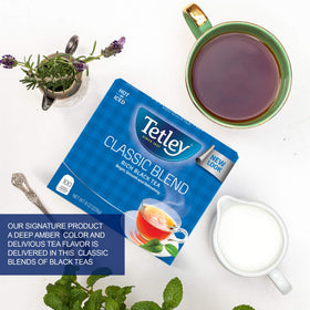 Tetley Classic Blend packaging emphasizes eco-friendly design for mindful brewing.