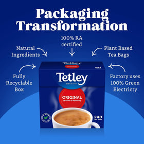 Steam rising from a Tetley cup filled with hot tea.