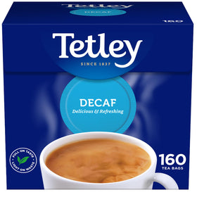 Tetley Decaf Tea Bags 160s box front showing the brand and decaf option for anytime use