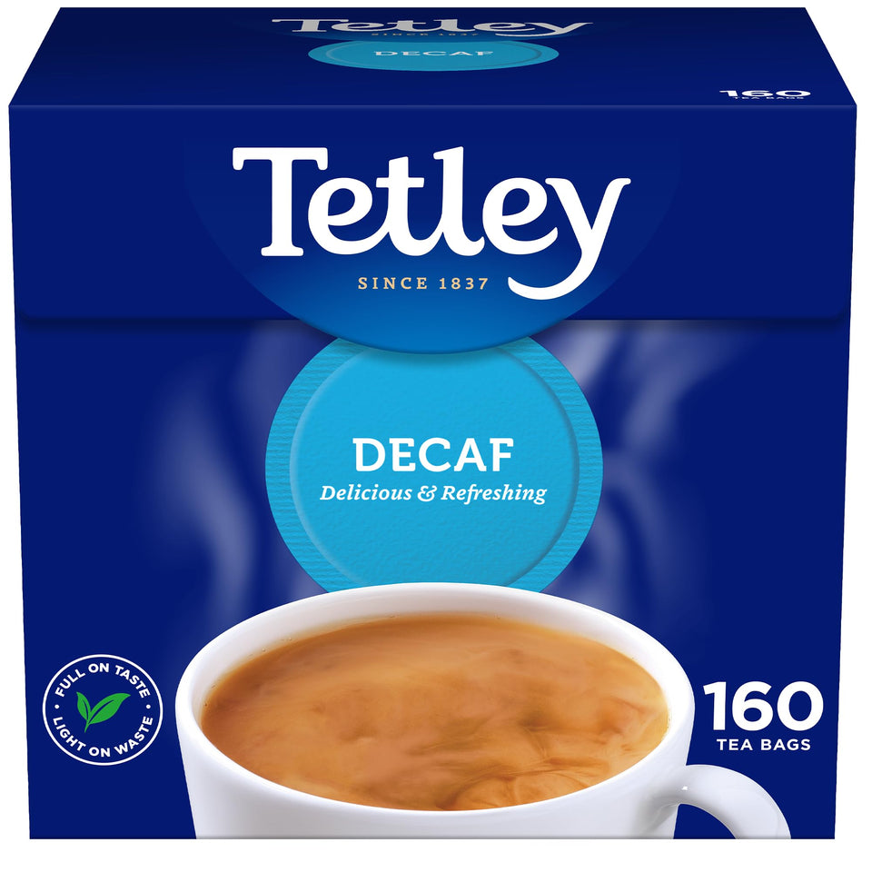 Tetley Decaf Tea Bags 160s box front showing the brand and decaf option for anytime use