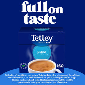 Tetley Decaf Tea Bags 160s tea bags closeup with rich color and aroma