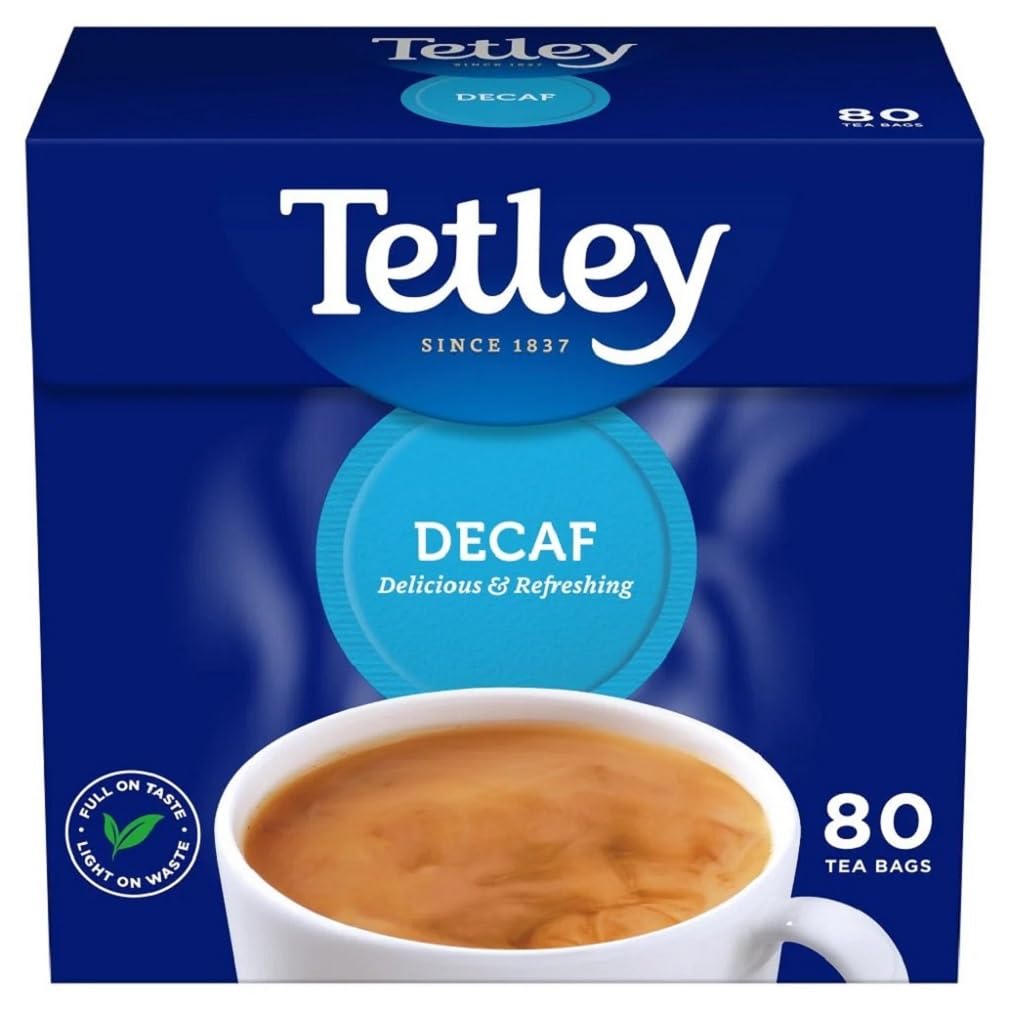 Tetley Decaf Tea Bags 80ct packshot for quick daily brewing.
