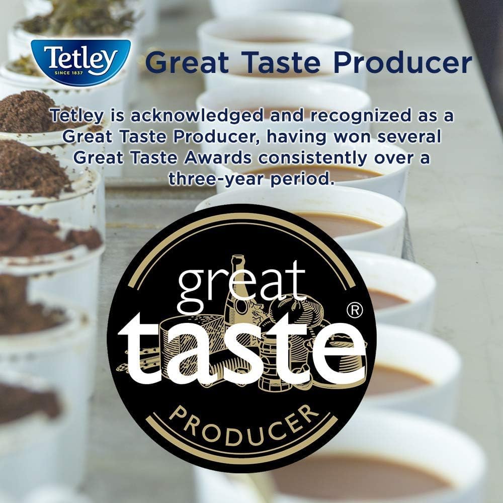 Tetley Decaf Tea Bags 80ct recyclable packaging emphasizing sustainability.