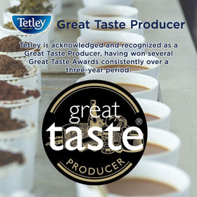 Tetley Decaf Tea Bags 80ct recyclable packaging emphasizing sustainability.