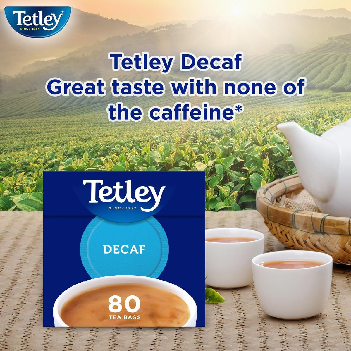 Tetley Decaf Tea Bags 80ct tea cup scene highlighting smooth aroma.