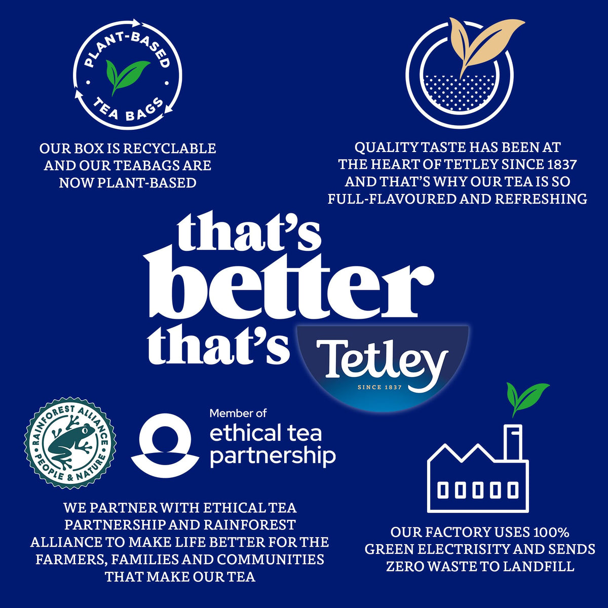 Opened box reveals 75 sachets of Tetley Extra Strong for consistent strength.
