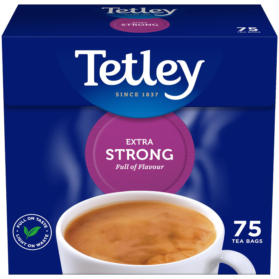 Tetley Extra Strong tea bags packaging ready for a bold morning brew.