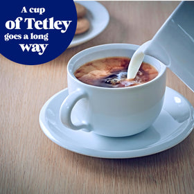 Tea steeps with Tetley Extra Strong, filling the kitchen with a robust scent.