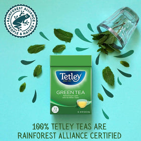 Tetley green tea leaves in field highlight fresh harvest potential.