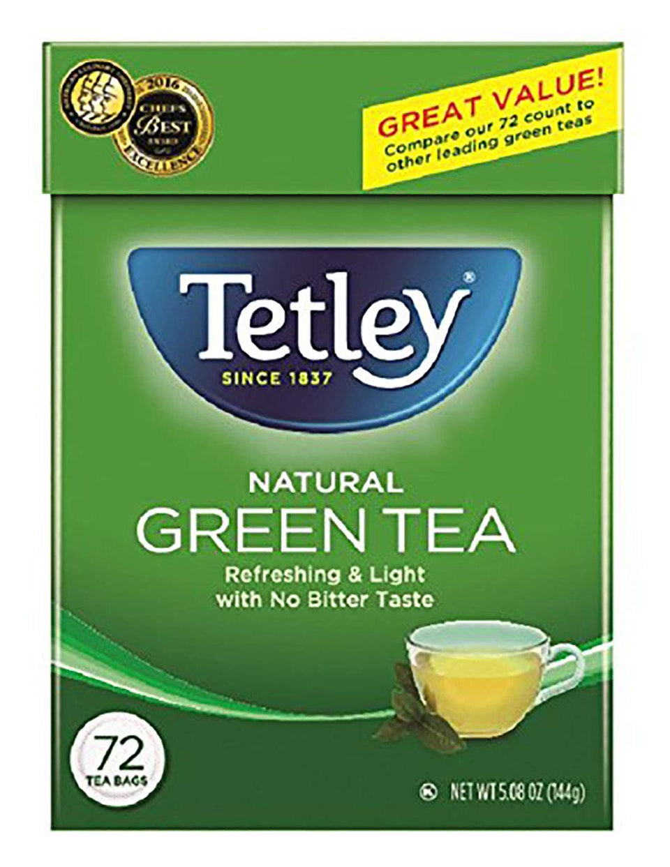 Tetley Green Tea tea bags in a six-pack showing smooth, balanced brew.