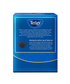 Tetley loose leaf tea packaging closeup showcases premium blend and natural antioxidants.