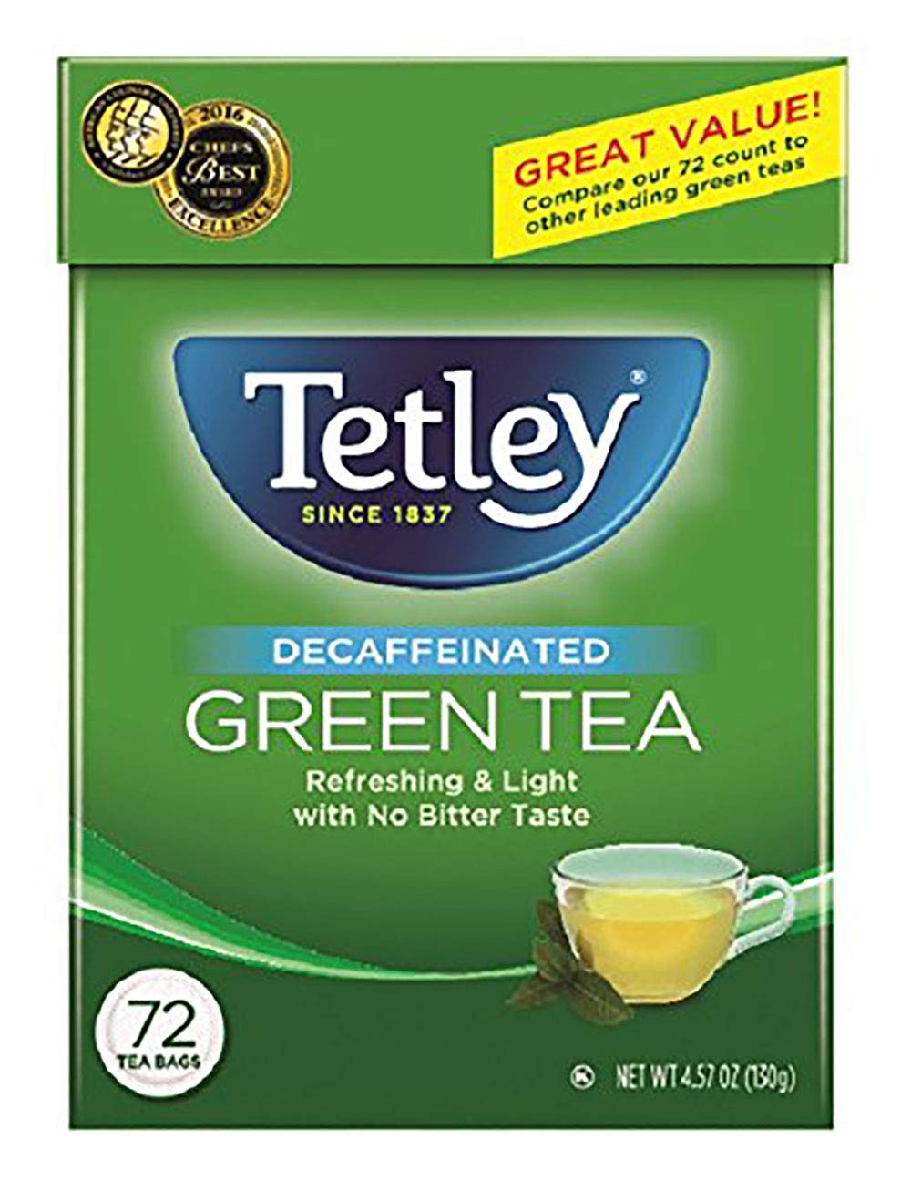 Tetley natural decaf green tea pack with six teabags for a caffeine-free option.
