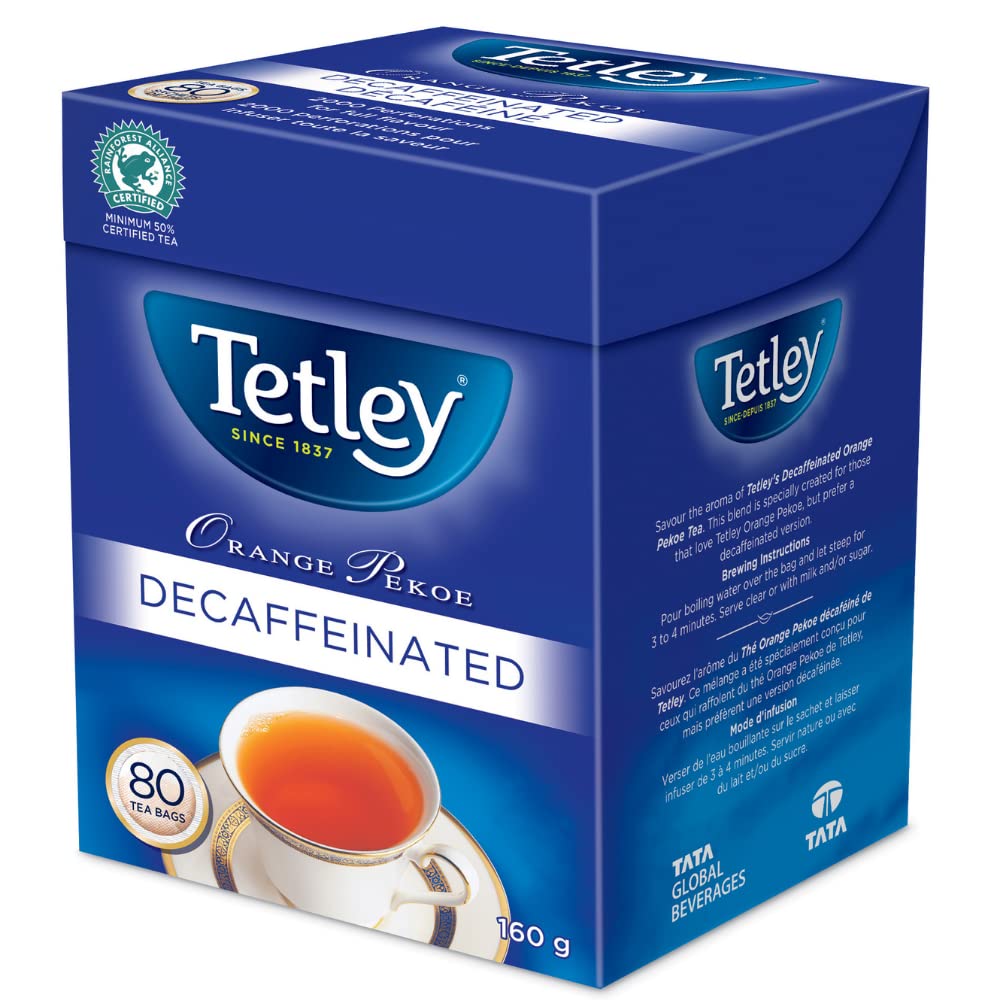 Tetley Orange Pekoe Decaf tea bags for a calming afternoon ritual with rich aroma