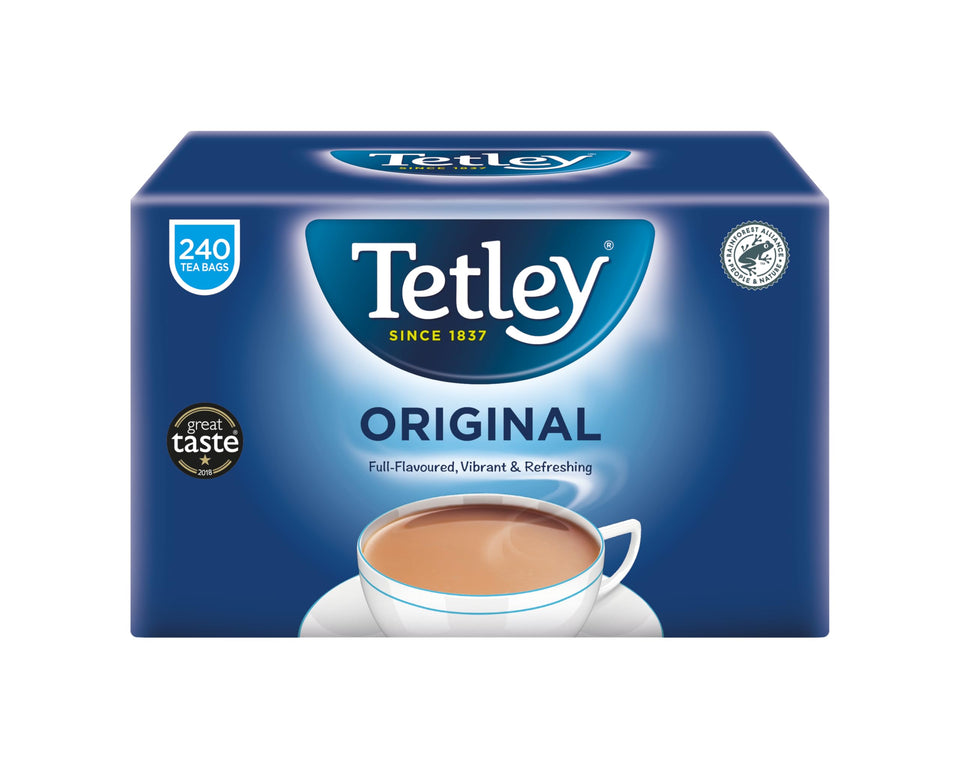 Tetley Original pack front shows 750 g, signaling value and tradition