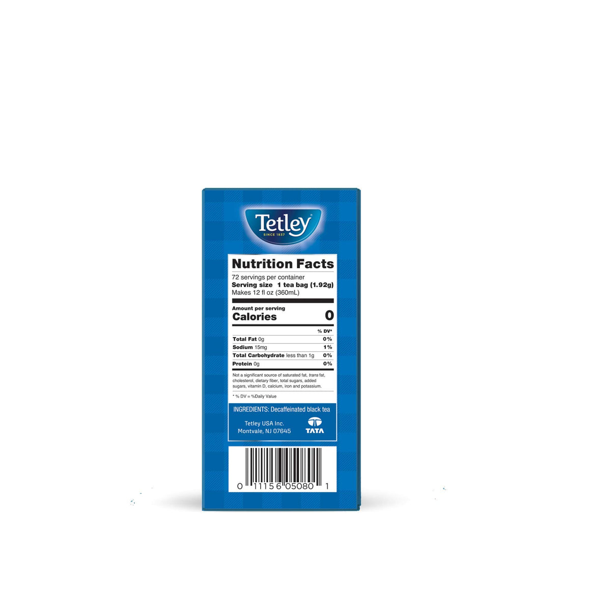 Rainforest Alliance label on Tetley Decaf package signifying sustainable sourcing and care.