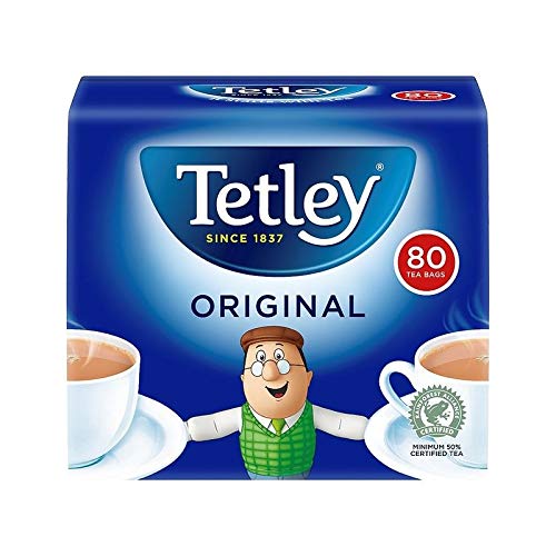 Tetley tea bags 80ct from England, classic breakfast tea packaging for a comforting morning brew.