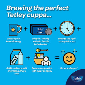 Pouring Tetley tea into a mug for a quick break.