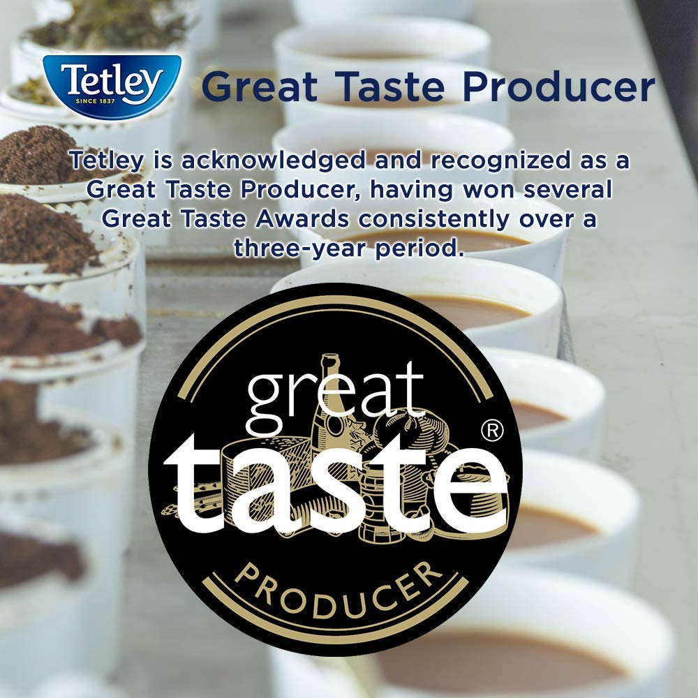 Tetley tea bags stack ready for brewing moments.