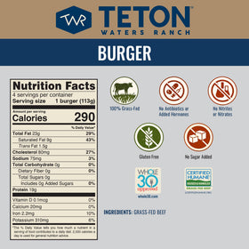 Teton Waters Ranch one-ingredient beef patties offer clean flavor.