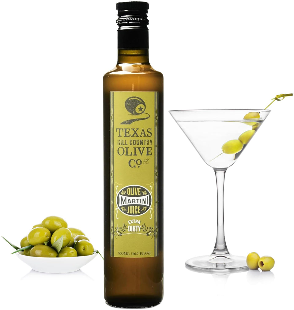 Texas Hill Country Olive Co. Extra Dirty Martini Olive Juice bottle for bold cocktails.