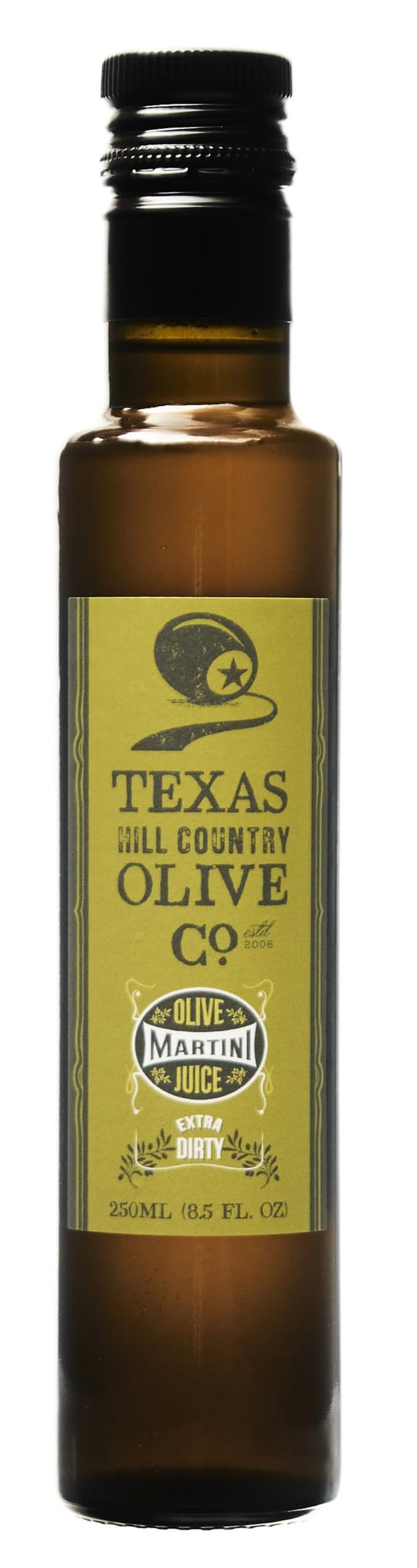 Texas Hill Country Olive Co. Extra Dirty Martini Olive Juice dripping pour for sensory appeal