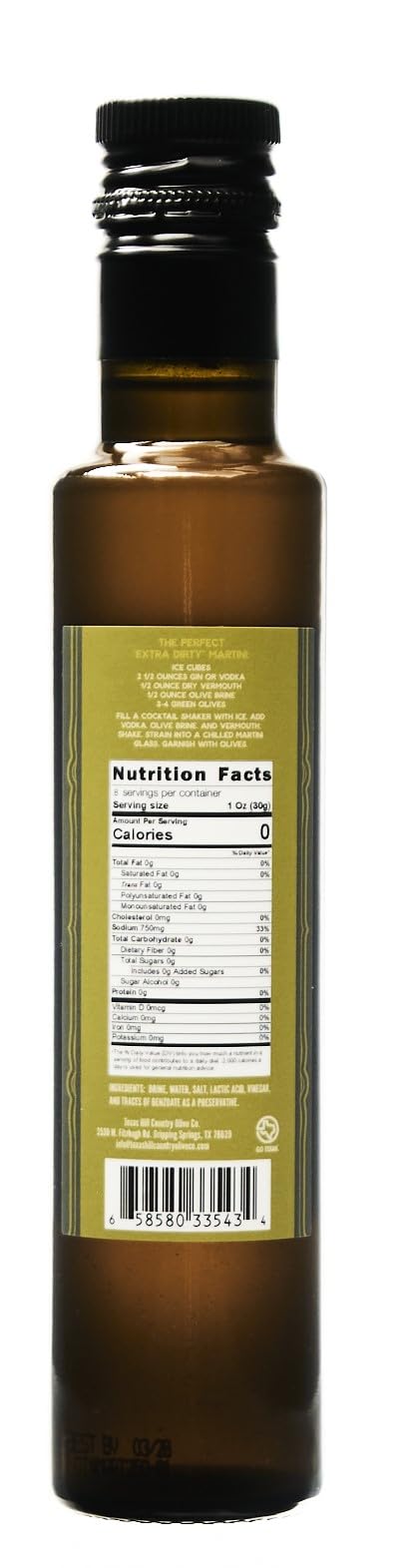 Texas Hill Country Olive Co. Extra Dirty Martini Olive Juice label closeup highlighting premium brine
