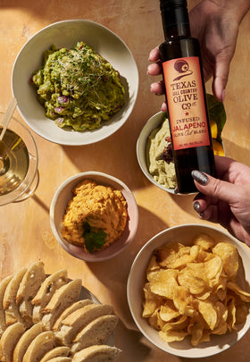 Texas Hill Country Olive Co Jalapeño Infused Olive Oil label close-up conveys premium packaging.