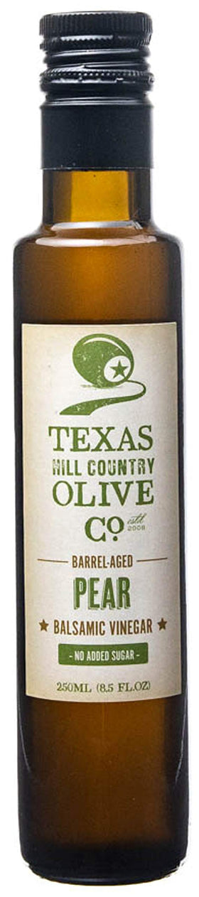 Texas Hill Country Olive Co. Texas-made label on pear balsamic bottle