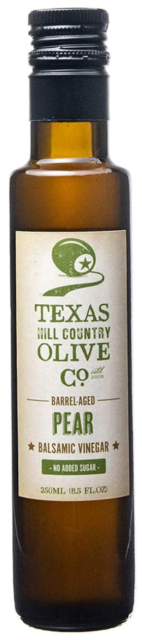 Texas Hill Country Olive Co. pear balsamic bottle showing rich flavor profile for salads