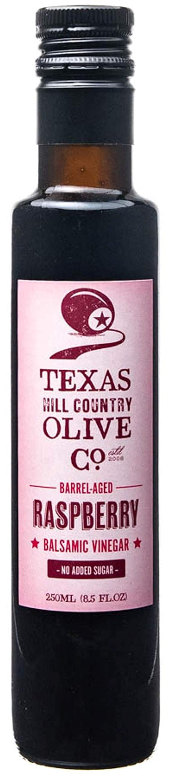 Texas Hill Country Olive Co Raspberry Balsamic bottle showing rich fruit flavor