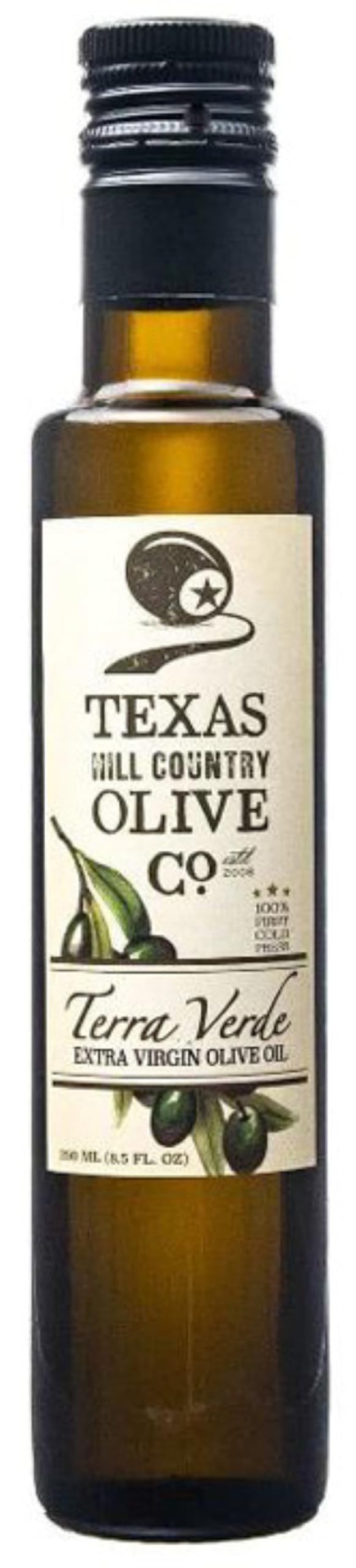 Terra Verde bottle close-up from Texas Hill Country Olive Co, premium finishing oil.