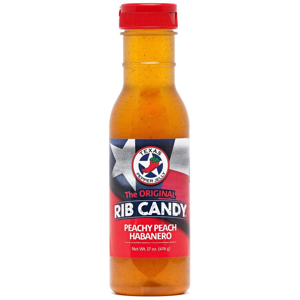 Texas Pepper Jelly Peachy Peach Habanero rib candy bottle pour with marinating flavor boost.