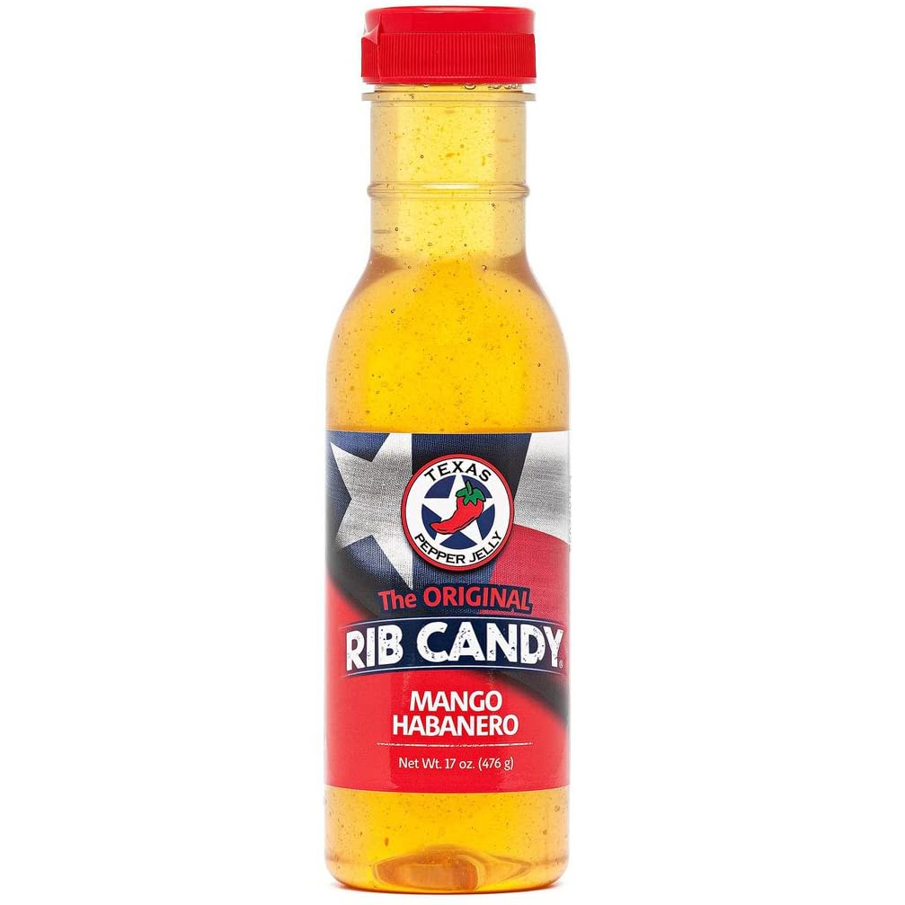 Texas Pepper Jelly Mango Habanero Rib Candy bottle ready for grilling and marinating.