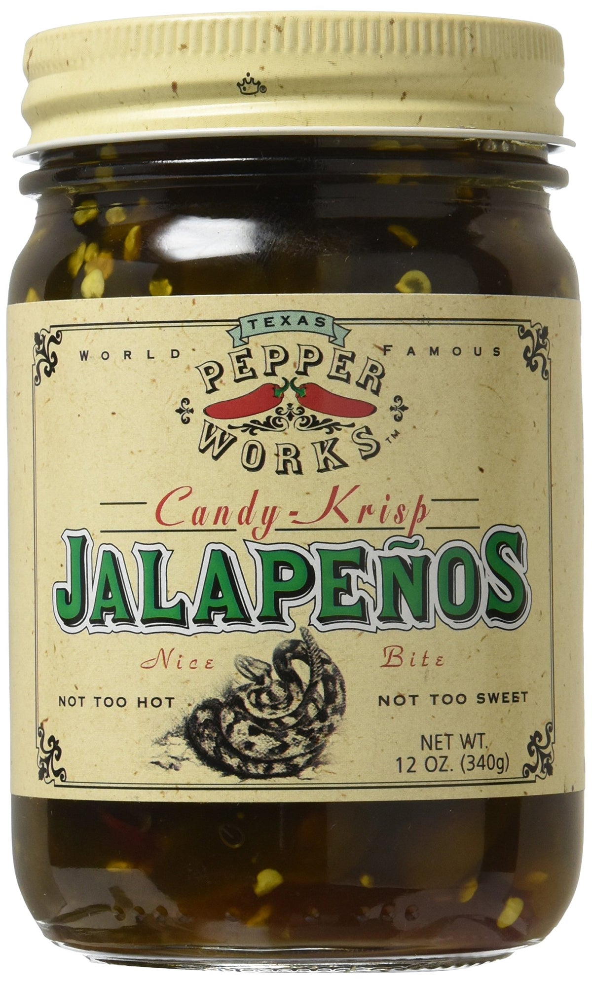 Texas Pepper Works Candy Krisp Jalapenos offer crunchy sweet heat, perfect as a snack or topping.