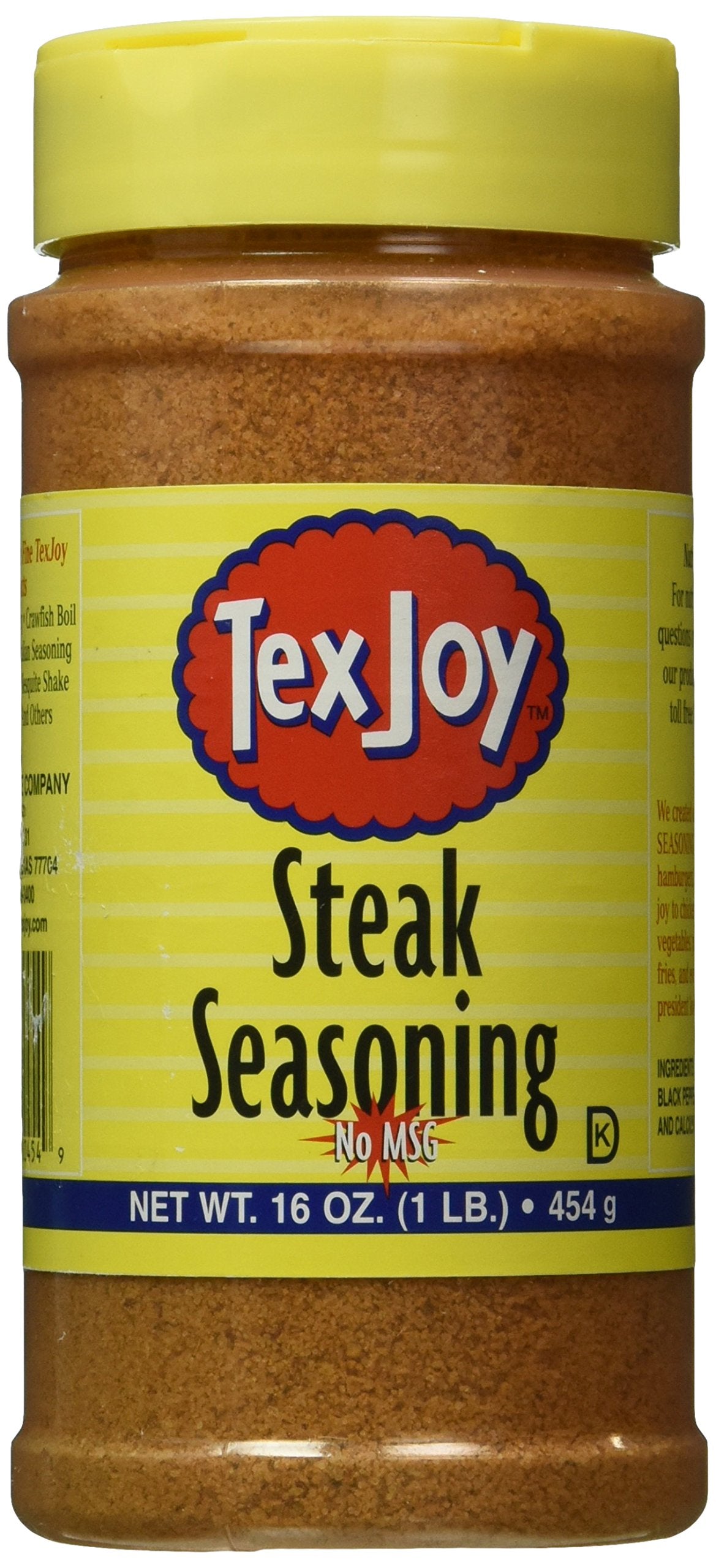 TexJoy steak seasoning bottle front view for bold, no-MSG flavor on beef.