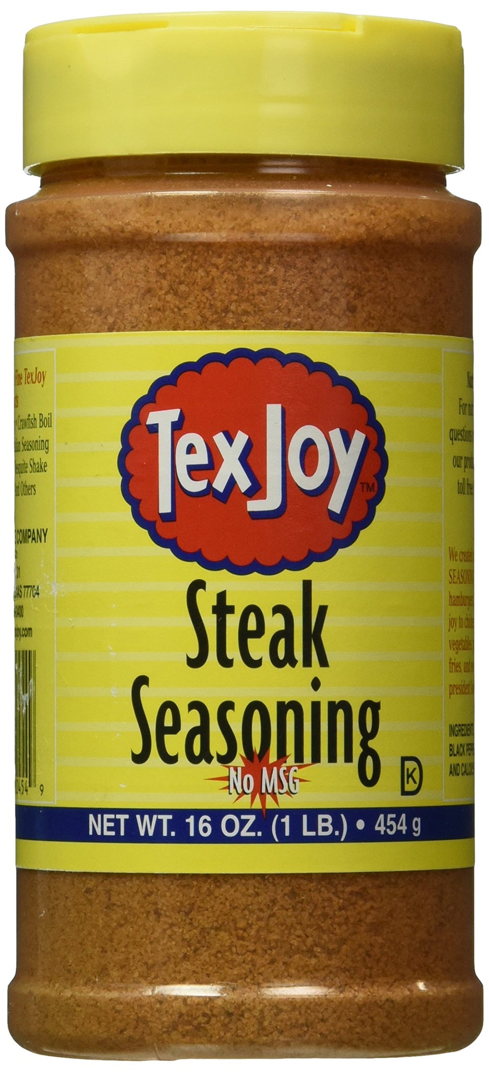 TexJoy steak seasoning bottle front view for bold, no-MSG flavor on beef.