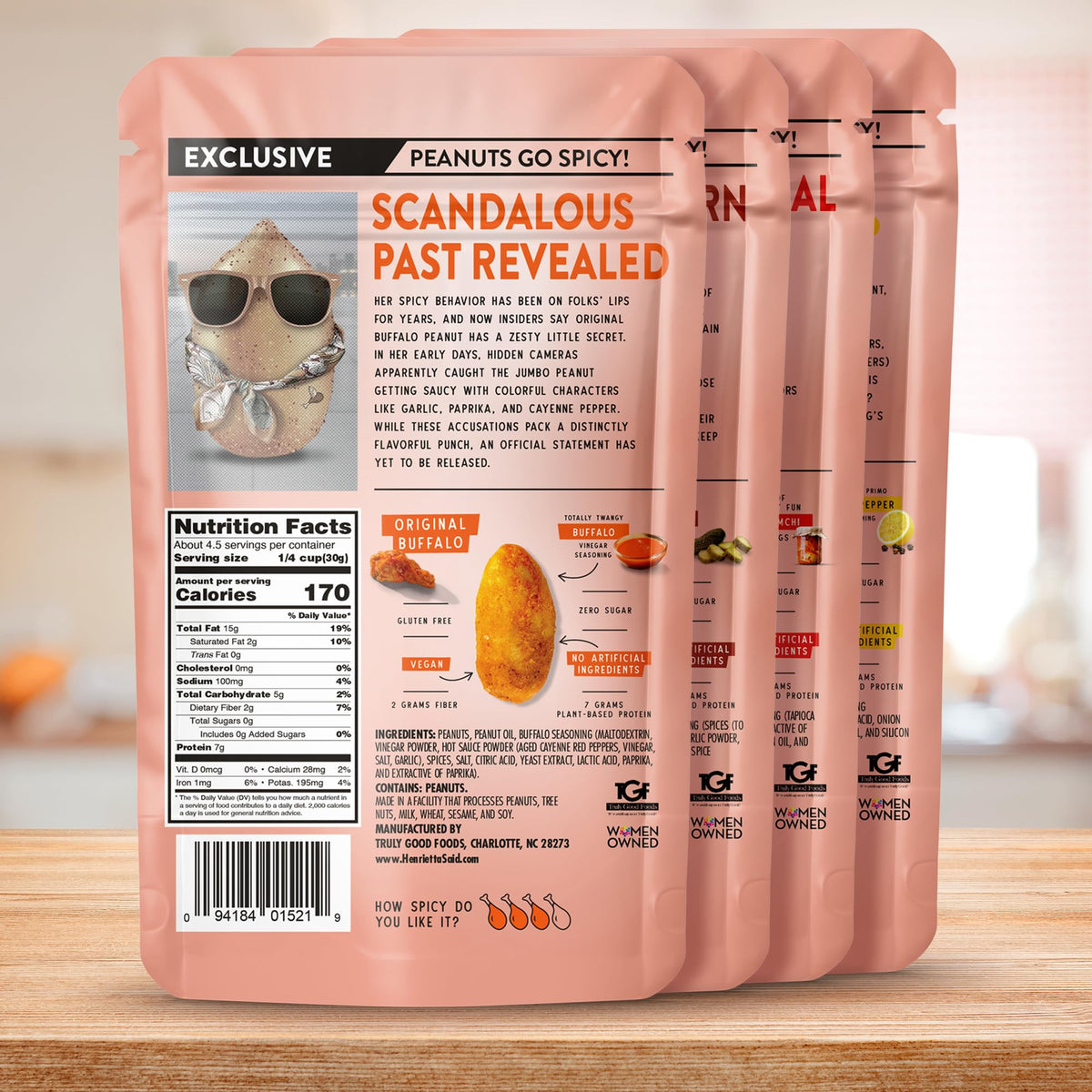 Henrietta Said wing-flavored peanuts Ancho Kimchi pack—bold, earthy warmth with a tang.