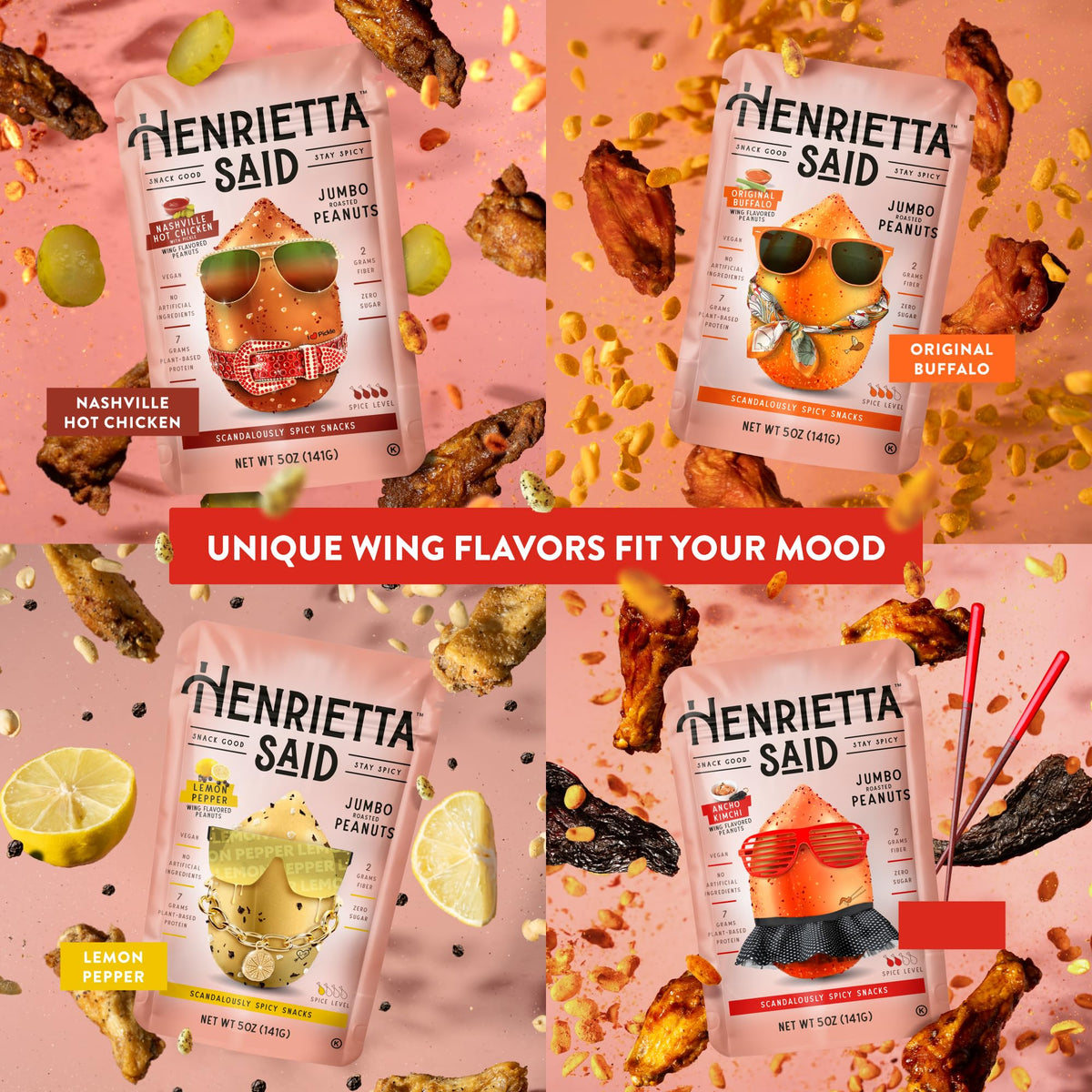 Henrietta Said wing-flavored peanuts Nashville Hot Chicken With Pickle pack—fiery flavor with tangy balance.