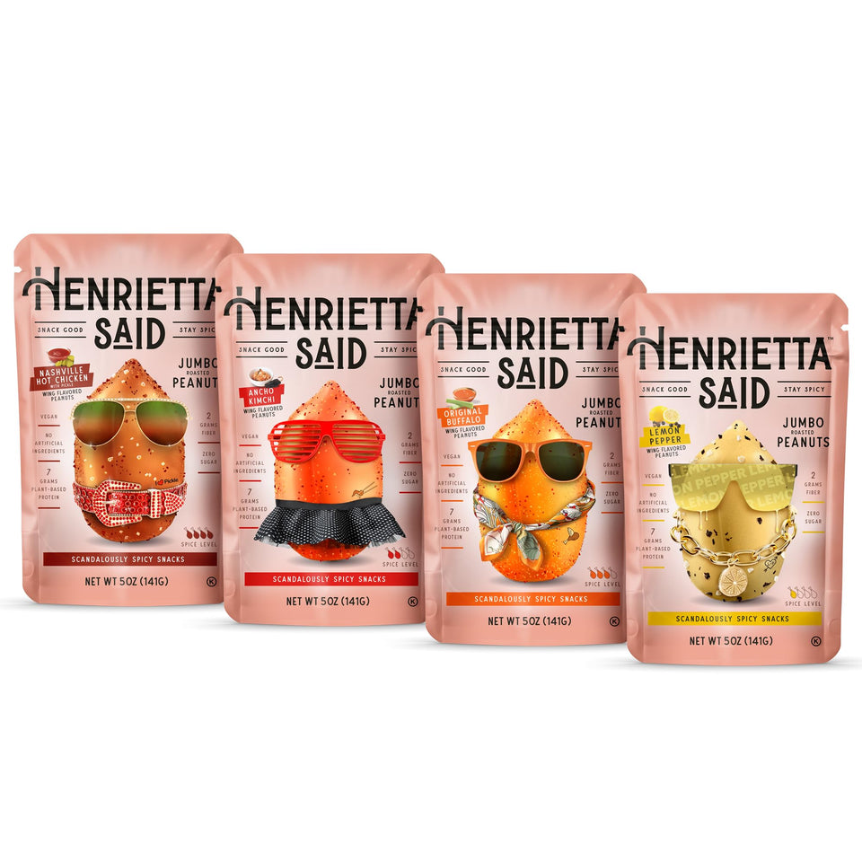Henrietta Said wing-flavored peanuts Original Buffalo pack—protein-packed vegan snack for busy days.