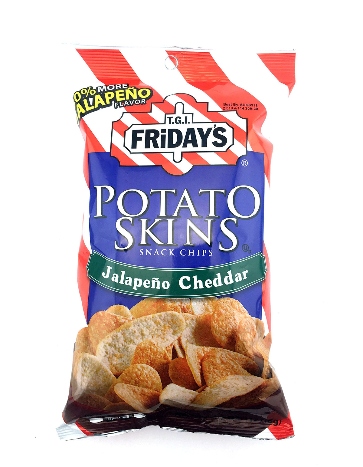 T.G.I. Friday's potato skins chips on the bag front with bold jalapeño cheddar flavor.