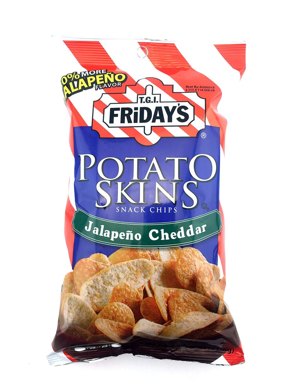 T.G.I. Friday's potato skins chips on the bag front with bold jalapeño cheddar flavor.