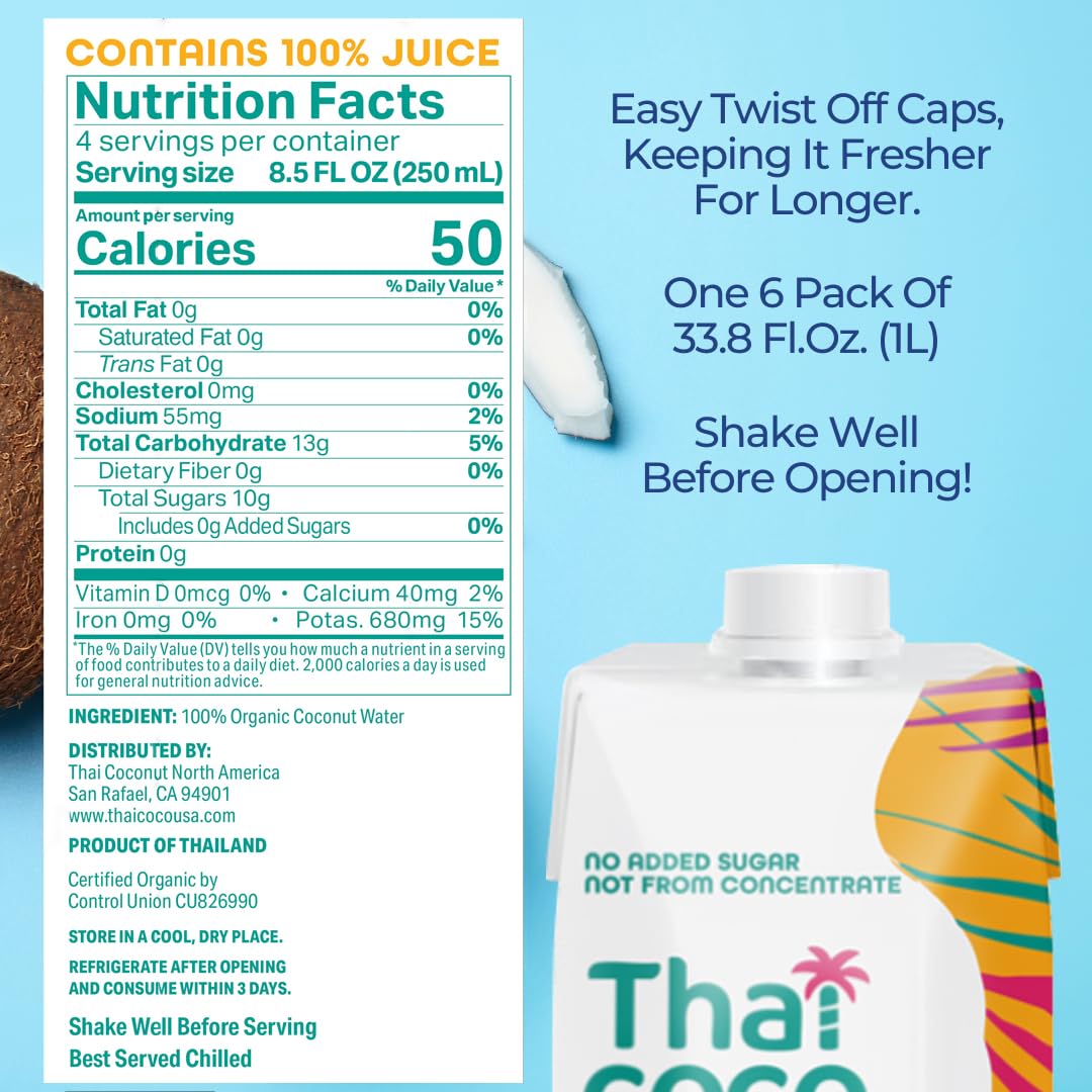 Thai Coco bottle pouring coconut water into glass highlights easy serving for workouts.