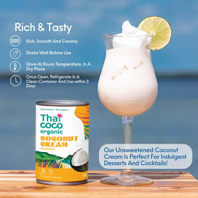 Thai Coco coconut cream jar on kitchen counter for dairy-free creaminess.