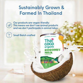 Thai Coco organic coconut milk proudly labeled organic and non-GMO for clean cooking