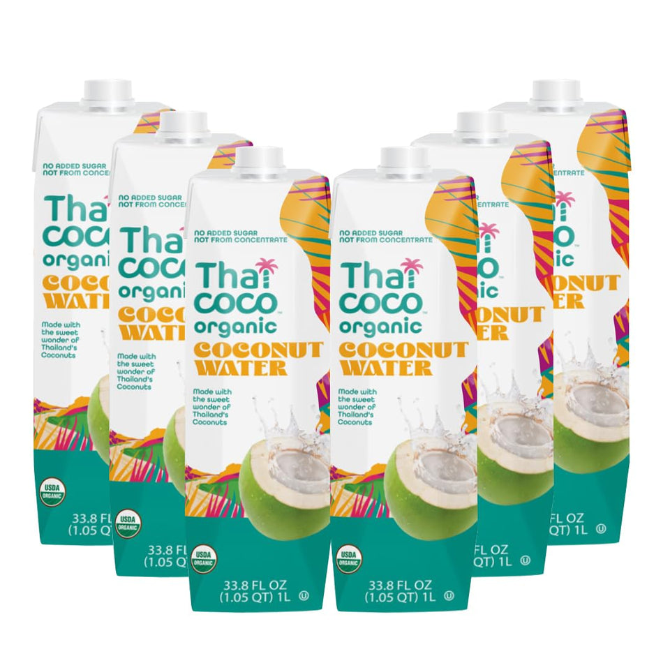 Thai Coco Organic Coconut Water 6-pack front shows convenient bulk packaging for daily refreshment.